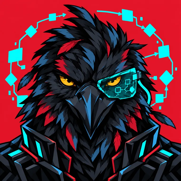 Crow Flows: un cuervo con visor cian y nodos de flujo