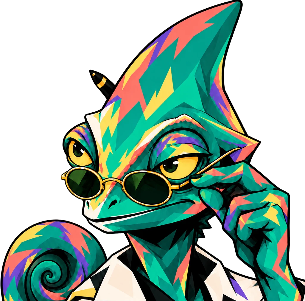 Chameleon UI, el camaleón diseñador con lentes dorados, chaqueta crema y muestras de color