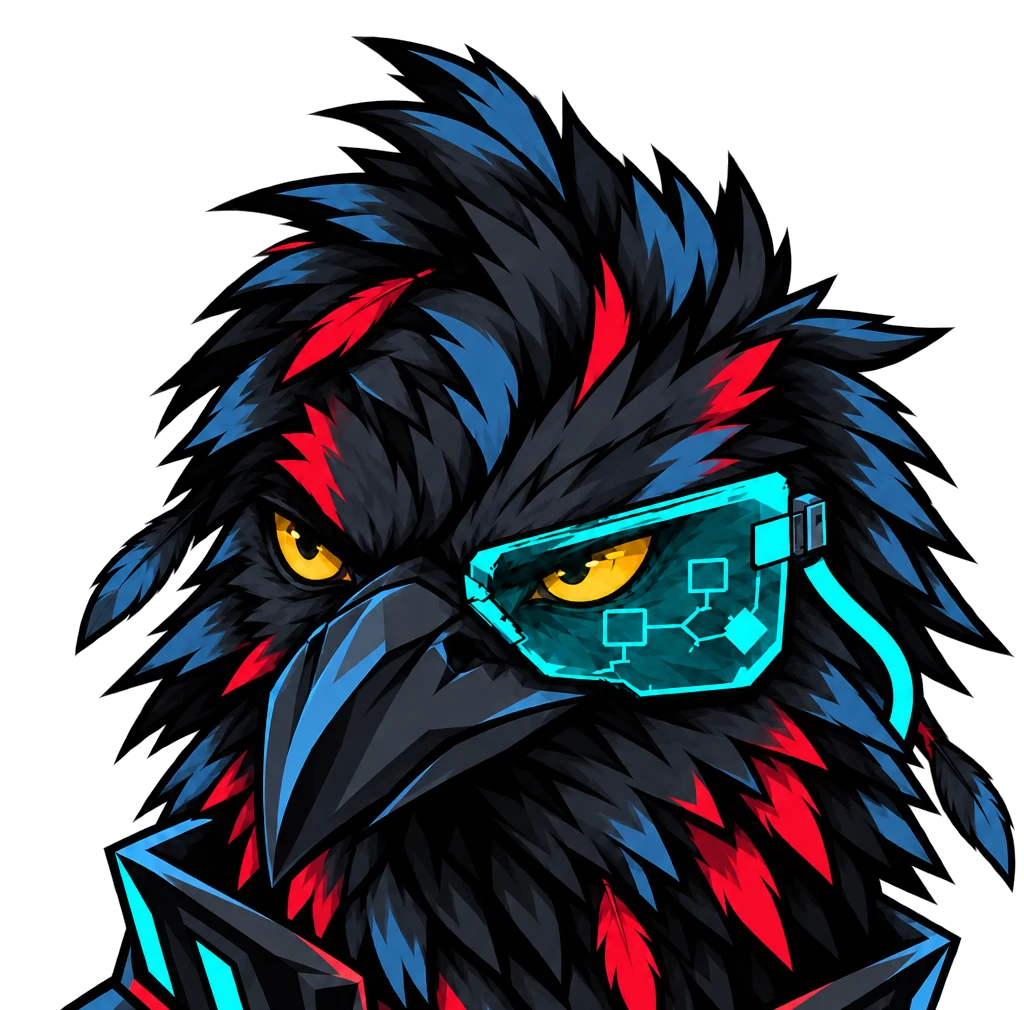 Crow Flows, el cuervo con visor cian, chaqueta de luces y nodos de flujo